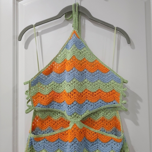ZARA Colorful Cut Out Scalloped Stripe Crochet Mini Halter Dress, Sheer, M - Picture 4 of 16